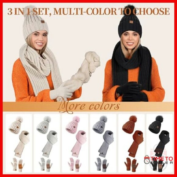 Winter Beanie Scarf Gloves Set Touchscreen Anti-Slip Premium 